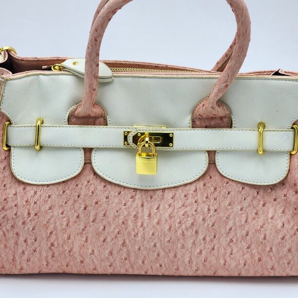 Nillie Pink Embossed Faux Leather Lock Satchel Tote Bag - Picture 9 of 13